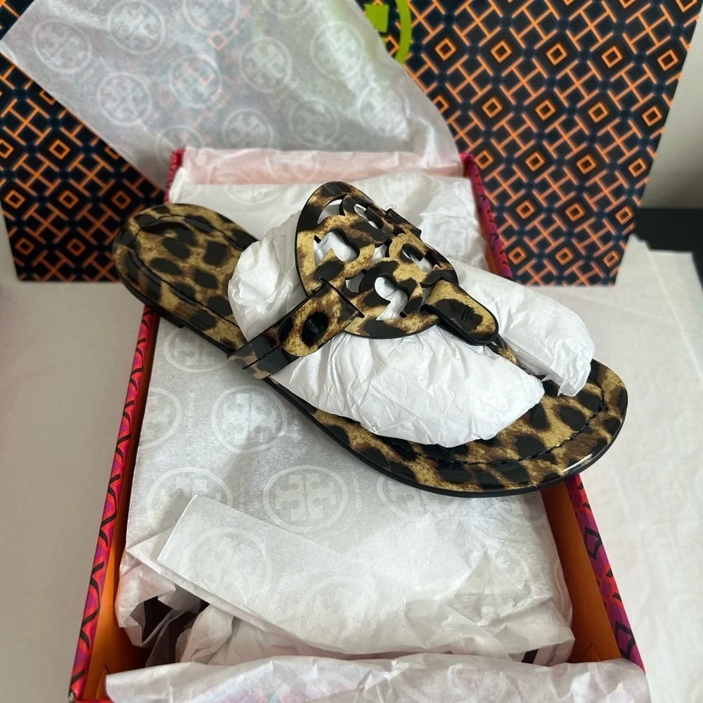 Tory Burch Miller Printed Patent Sandal Natural Leopard Size 5 Tan Brown Black